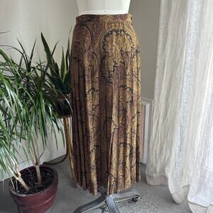 Jones New York Women's 6 Skirt Brown Gold Paisley Silk Midi Pleated Vintage 90s